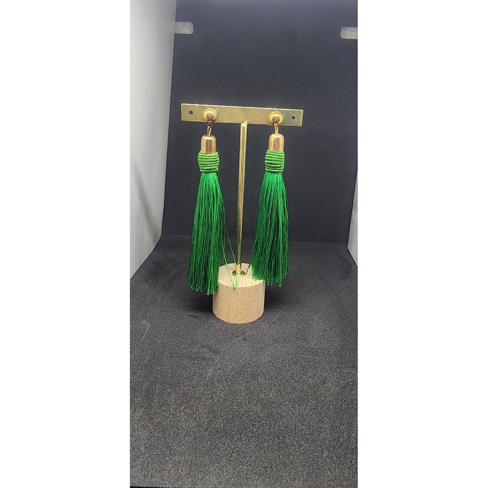 Green Silk Tassel Drop Earrings Gold Tone Ball Stud Dangle Statement Jewelry
